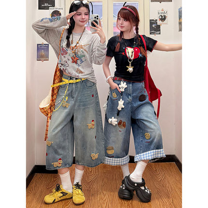 美式趣味小狗刺绣牛仔七分裤女夏季多巴胺大码宽松显瘦阔腿短裤子