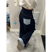 胖mm直筒显瘦翻边裤 大码 女春季 格子拼接牛仔裤 子宽松bf慵懒风 美式