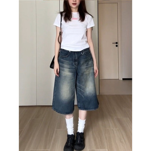 街头宽松阔腿显瘦百搭直筒中裤 做旧七分牛仔短裤 美式 新款 子 女夏季