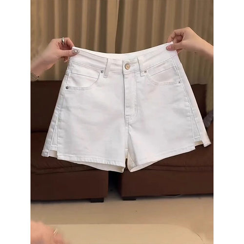 夏季白色高腰开叉直筒牛仔短裤女大码胖mm宽松显瘦百搭a字热裤子