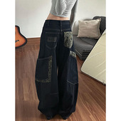 女冬季 牛仔裤 新款 胖mm美式 子 大码 街头高腰阔腿直筒裤 复古弯刀工装