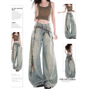 高腰宽松直筒垂感裤 美式 2025新款 女秋季 子 复古涂鸦印花阔腿牛仔裤
