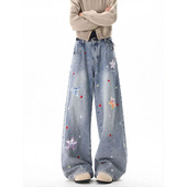 潮牌宽松高街阔腿长裤 美式 新款 女春季 水洗做旧星星刺绣直筒牛仔裤