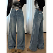 胖mm宽松显瘦梨型身材直筒裤 复古阔腿牛仔裤 大码 新款 子 女高腰春季