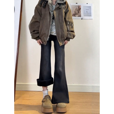 加绒加厚黑灰色微喇牛仔裤女冬季新款大码胖mm高腰遮胯显瘦喇叭裤