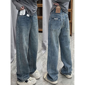 胖mm高腰遮胯梨形身材阔腿裤 美式 大码 女春秋新款 复古蓝直筒牛仔裤