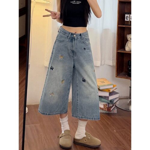 夏季新款胖mm复古刺绣设计阔腿七分牛仔裤女大码宽松高腰显瘦裤子