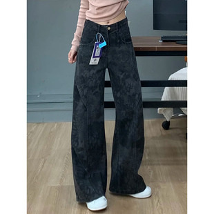 大码工装裤女款2025新款印花牛仔裤梨型身材胖mm显瘦直筒弯刀裤