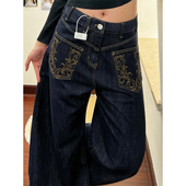 小个子设计感刺绣丹宁蓝阔腿牛仔裤 女通勤风宽松显瘦弯刀拖地长裤