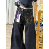 辣妹宽松显瘦弯刀裤 丹宁蓝美式 春季 女2026新款 复古刺绣阔腿牛仔裤