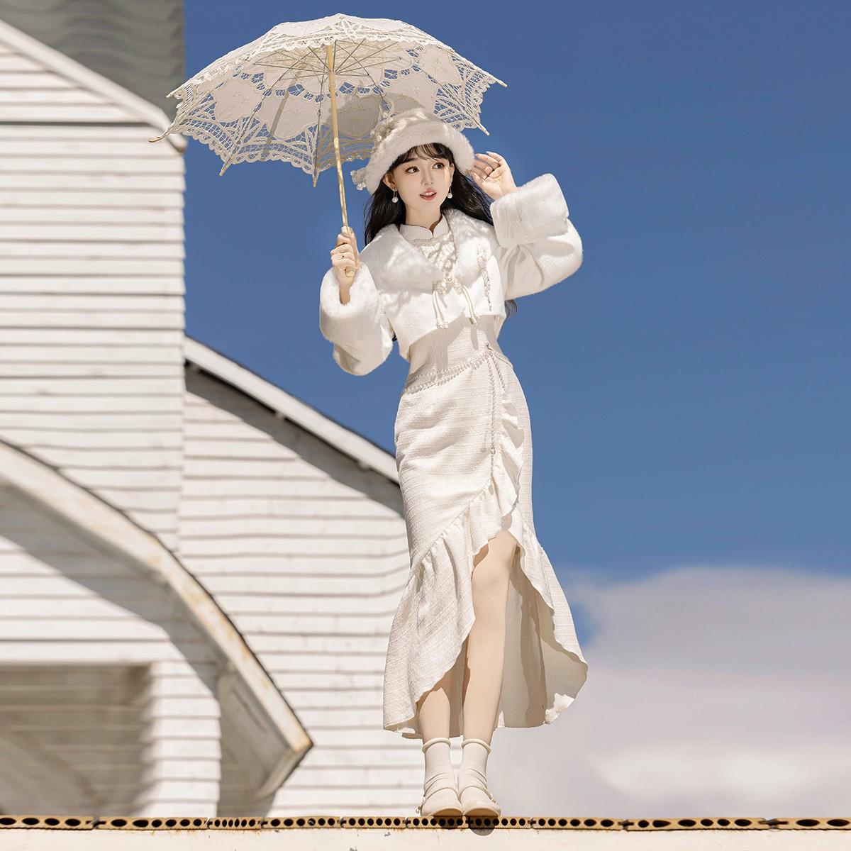 新中式改良小香风鱼尾旗袍套装