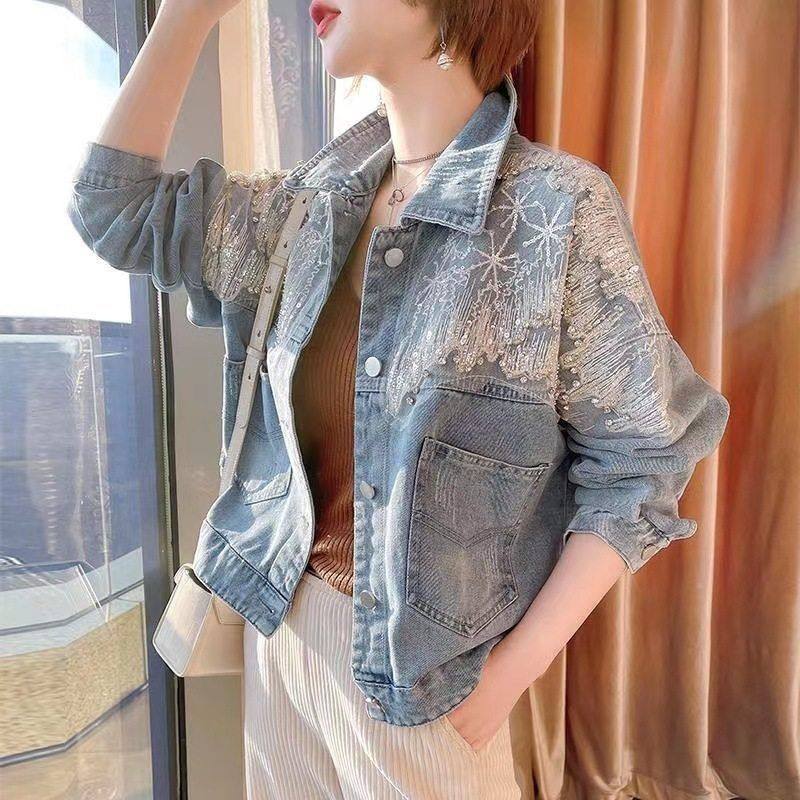 牛仔外套女短款设计感小众休闲重工烫钻网纱上衣2023年春秋款欧货