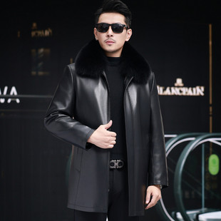 海宁绵羊皮真皮皮衣男士中老年大码皮羽绒服中长款加厚外套狐狸毛