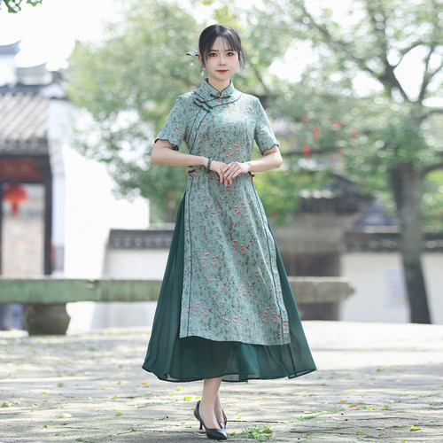 如意风新中式长款气质旗袍裙修身