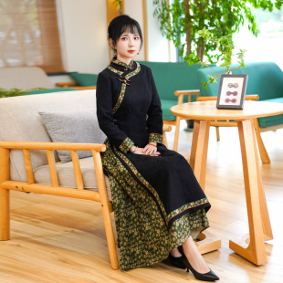 中國風奧黛旗袍連衣裙民國復古修身 舒適裙子24R644 新款 如意風冬季