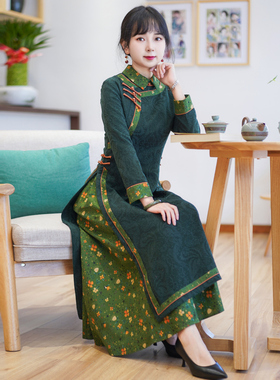 如意风复古中国风秋冬装长款气质连衣裙显瘦改良长款裙子 23J281