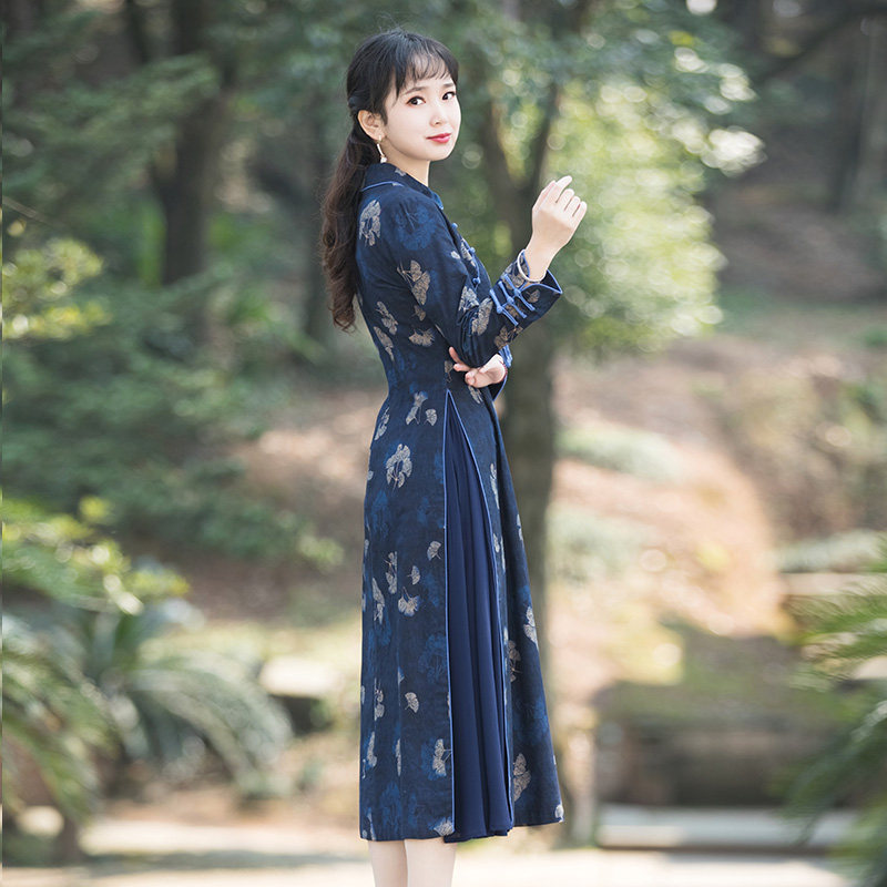 如意风改良旗袍女春秋装新款收腰显瘦复古时尚减龄长袖气质裙子