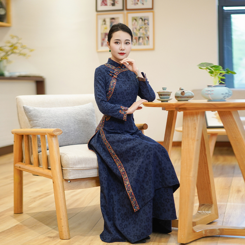 如意风冬季新款中国风收腰显瘦改良旗袍连衣裙气质素雅长裙24R715