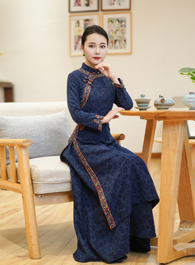 如意风冬季新款中国风收腰显瘦改良旗袍连衣裙气质素雅长裙24R715