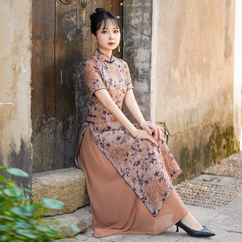 如意风夏季新款高级收腰显瘦中国风女士奥黛旗袍气质连衣裙25R620