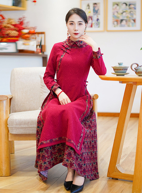 如意风改良奥黛旗袍连衣裙秋季新款复古中国风高级气质长裙26R002