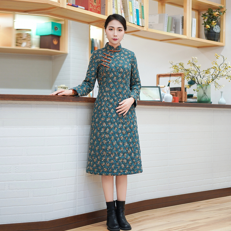 如意风冬季新款改良旗袍女复古清新优雅新中式碎花群日常女24R823