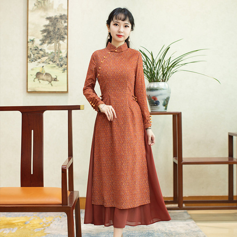 如意风改良旗袍连衣裙女秋装收腰显瘦盘扣复古减龄长袖中国风裙子