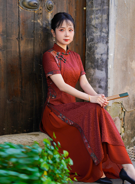 如意风夏季新款新中式奥黛旗袍裙端庄红色气质感妈妈婚宴装25R575