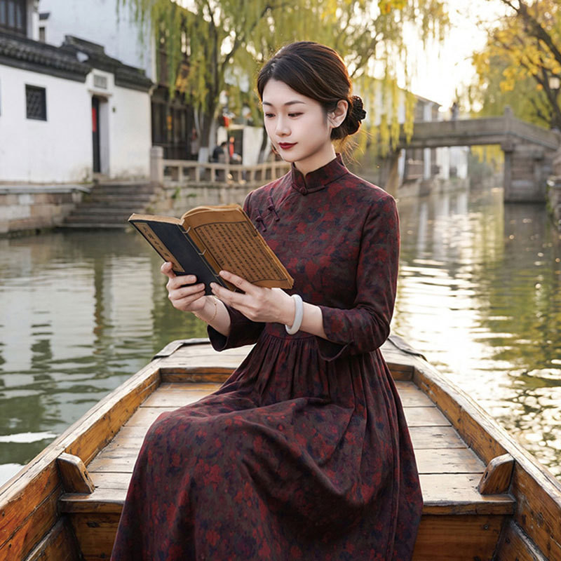 如意风新中式连衣裙修身收腰秋季新款漂亮气质旗袍长款奥黛26R757