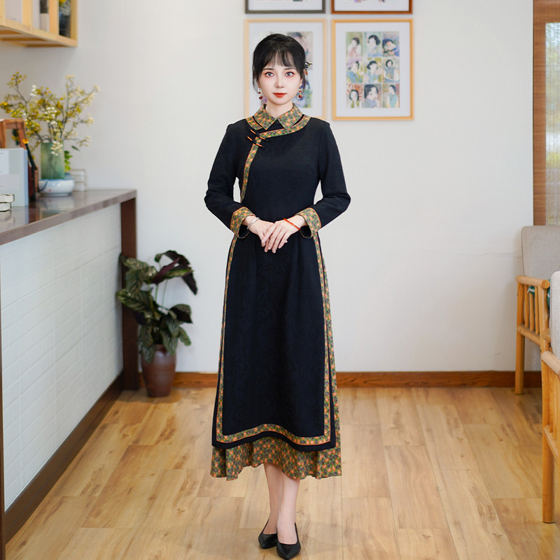 如意风冬季新款改良旗袍连衣裙女修身显瘦复古时尚中式裙子24J219