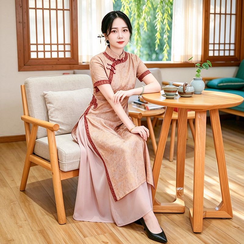 如意风新中式连衣裙修身收腰夏季新款漂亮长款奥黛改良旗袍26R700
