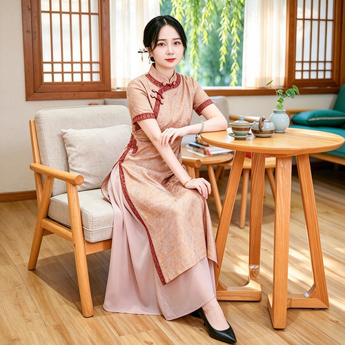 如意风新中式修身奥黛改良旗袍