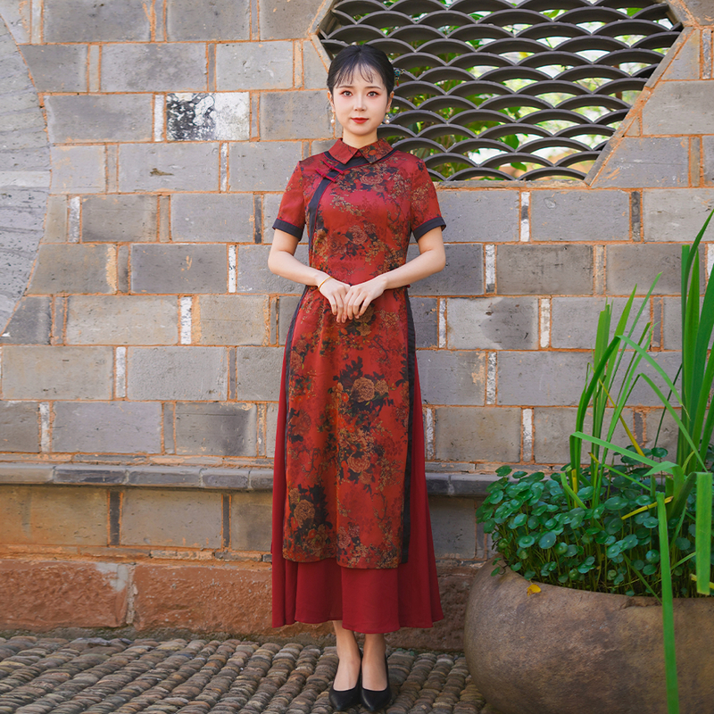 如意风夏季新款新中式国风奥黛旗袍红色气质修身显瘦旗袍女25R582