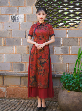 如意风夏季新款新中式国风奥黛旗袍红色气质修身显瘦旗袍女25R582