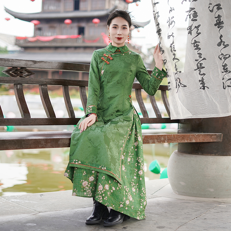 如意风中国风新款奥黛旗袍高级收腰显瘦气质女士长款连衣裙26R009