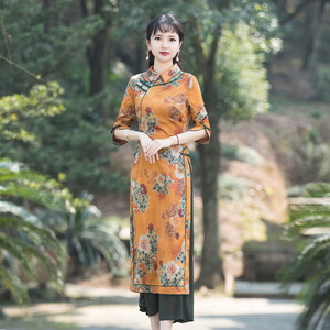 如意风奥黛旗袍中国风连衣裙秋装复古时尚盘扣收腰显瘦长款裙子
