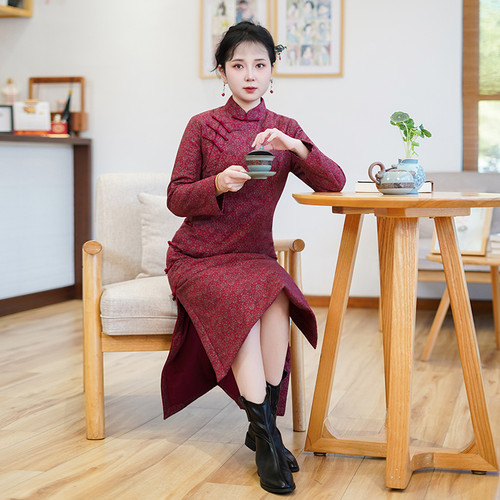 如意风冬季新款复古新中式改良旗袍加厚大气修身显瘦旗袍女25R998