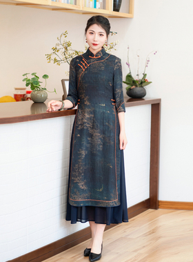 如意风中国风复古唐装改良奥黛连衣裙女休闲减龄优雅洋气裙24R503