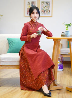 如意风春季新款中国风奥黛旗袍连衣裙民国复古修身舒适裙子25R522