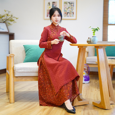 如意风春季新款中国风奥黛旗袍连衣裙民国复古修身舒适裙子25R522