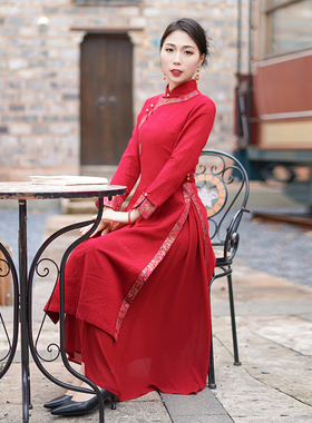 如意风春季新款复古高级收腰显瘦中国风奥黛旗袍气质连衣裙25R556