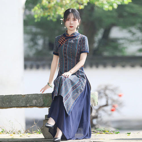 如意风奥黛旗袍夏季新款连衣裙女长款收腰显瘦时尚开叉裙子24J125
