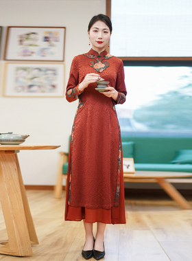 如意风春秋新款妈妈改良中式奥黛奥民国复古日常气质连衣裙24R518