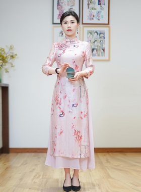 如意风奥黛旗袍连衣裙女收腰显瘦长款民国复古气质日常裙子24R548