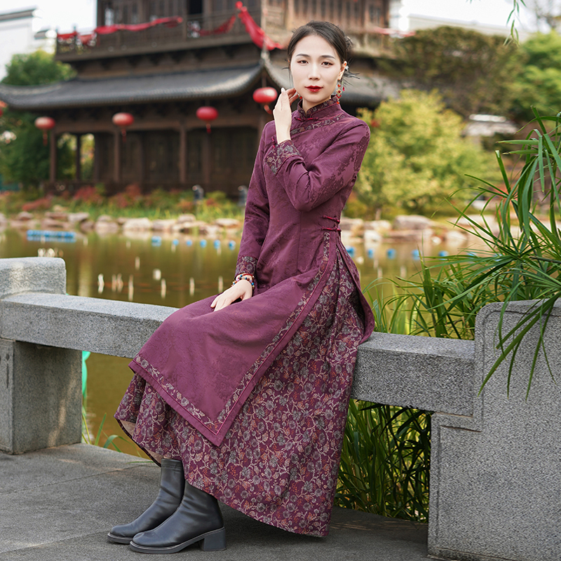 如意风新款新中式旗袍奥黛长裙修身收腰漂亮气质改良旗袍女26R008