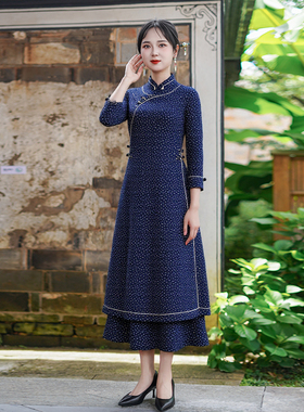 如意风春季新款高级收腰显瘦中国风斜襟奥黛旗袍气质连衣裙26R202