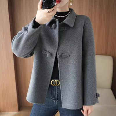 新中式双面羊绒大衣女秋冬新款娃娃领短款小个子100%羊毛呢外套女