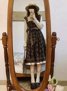 学院风格纹假两件连衣裙过膝长裙