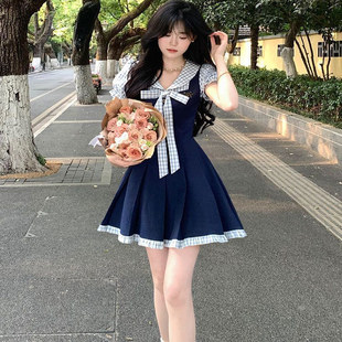 学院风甜美假两件格纹撞色连衣裙女2025夏季 显瘦a字裙子 新款 修身