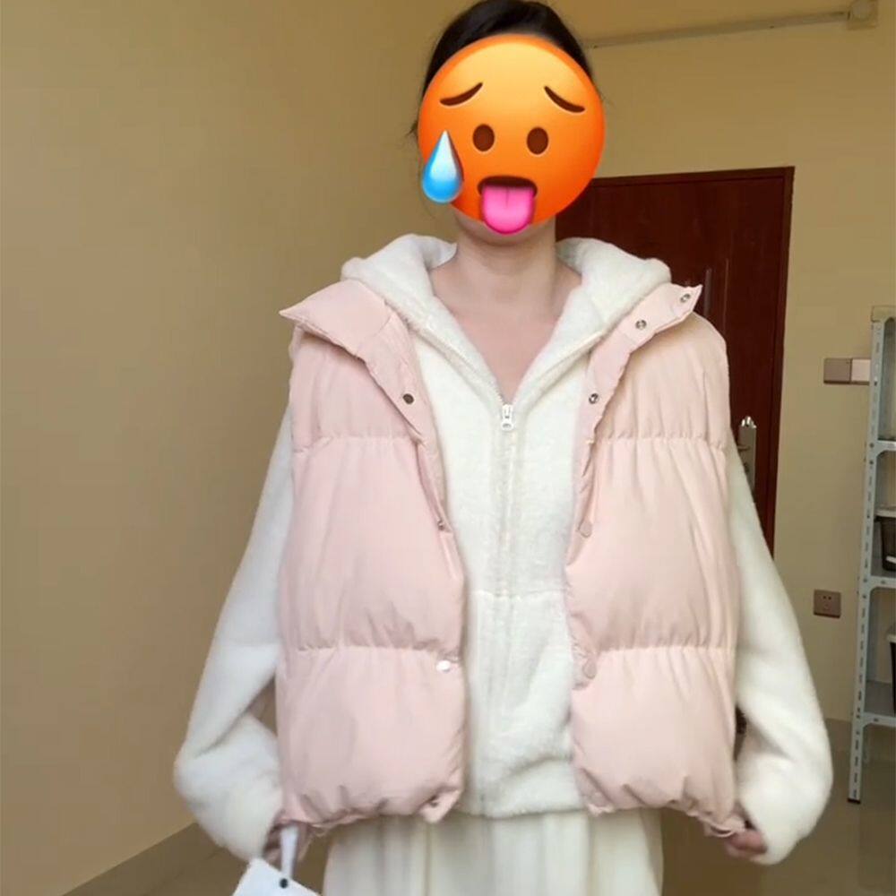 日系学院风甜美粉色棉服马甲搭配长袖连帽针织毛衣秋冬新款两件套